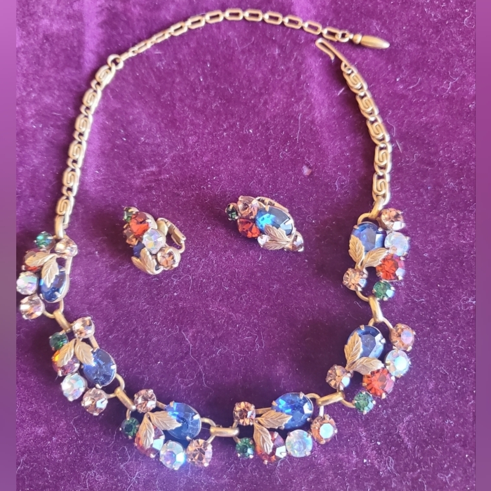Rare Vtg Coro Necklace and Clip Earrings Set Scheherazade Line Multi-colored